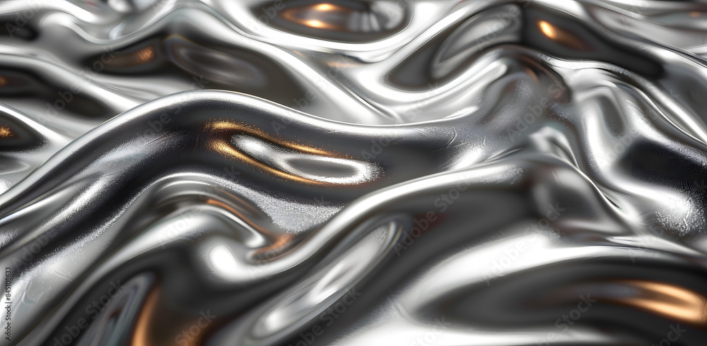 Close up texture of liquid shiny metal in silver gray color with highlights and shimmers. Liquid metallic texture, backdrop for web promotion. 3d rendering illustration. Close up texture of liquid shiny metal in silver gray color with highlights and shimmers. Liquid metallic texture, backdrop for web promotion. 3d rendering illustration.