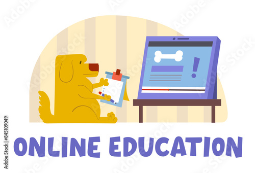 Online education text with dog attending online class