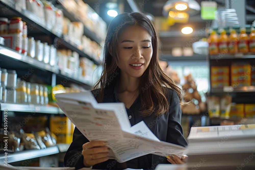 a lifestyle stock photography of A person in professional attire reviewing paperwork, smiling confidently. Modern office with franchise logos on walls, shelves of food products. Medium shot, a lifestyle stock photography of A person in professional attire reviewing paperwork, smiling confidently. Modern office with franchise logos on walls, shelves of food products. Medium shot,