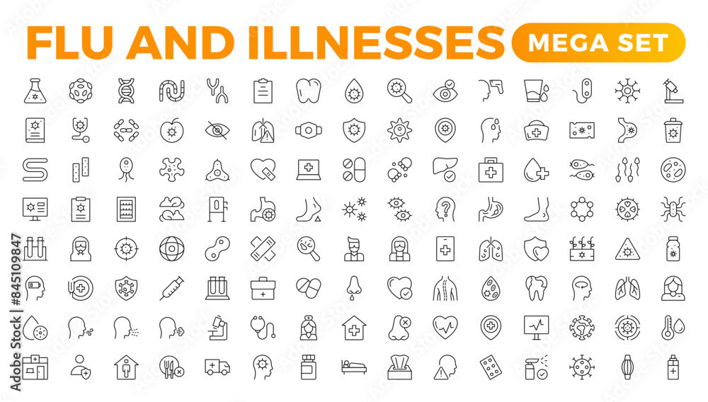 Set of Flu and Illnesses line icons. Collection of linear icons such as hygiene, disinfection, symptoms, treatment, virus, prevention, cancer, coronavirus, mental illnesses, and more. Set of Flu and Illnesses line icons. Collection of linear icons such as hygiene, disinfection, symptoms, treatment, virus, prevention, cancer, coronavirus, mental illnesses, and more.