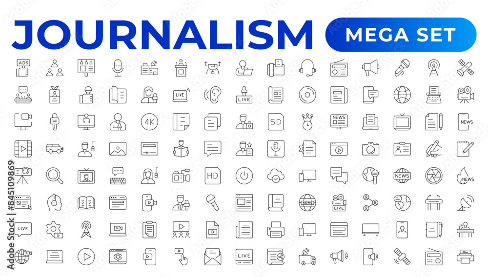 Set of Journalism icons. Containing journalist, news, newspaper and radio. Solid icons collection. Outline News symbol collection.