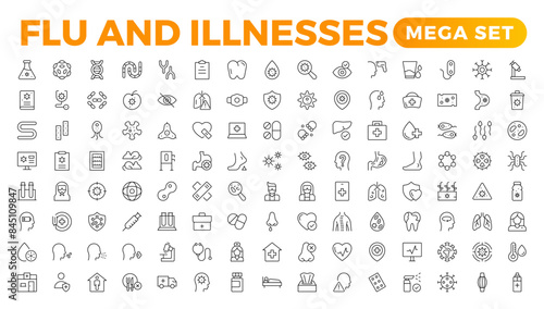 Set of Flu and Illnesses line icons. Collection of linear icons such as hygiene, disinfection, symptoms, treatment, virus, prevention, cancer, coronavirus, mental illnesses, and more.