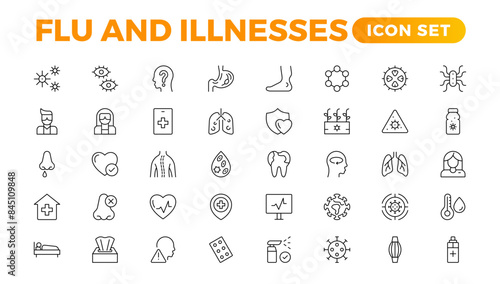 Set of Flu and Illnesses line icons. Collection of linear icons such as hygiene, disinfection, symptoms, treatment, virus, prevention, cancer, coronavirus, mental illnesses, and more.