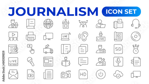 Set of Journalism icons. Containing journalist, news, newspaper and radio. Solid icons collection. Outline News symbol collection.