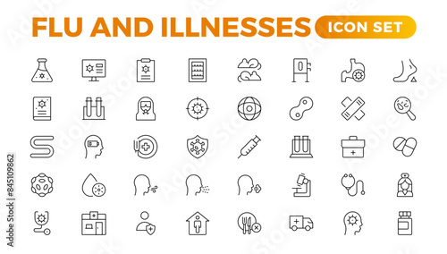 Set of Flu and Illnesses line icons. Collection of linear icons such as hygiene, disinfection, symptoms, treatment, virus, prevention, cancer, coronavirus, mental illnesses, and more.