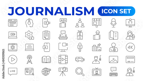 Set of Journalism icons. Containing journalist, news, newspaper and radio. Solid icons collection. Outline News symbol collection.