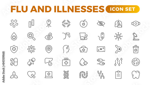 Set of Flu and Illnesses line icons. Collection of linear icons such as hygiene, disinfection, symptoms, treatment, virus, prevention, cancer, coronavirus, mental illnesses, and more.