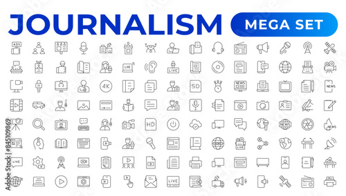 Set of Journalism icons. Containing journalist, news, newspaper and radio. Solid icons collection. Outline News symbol collection.