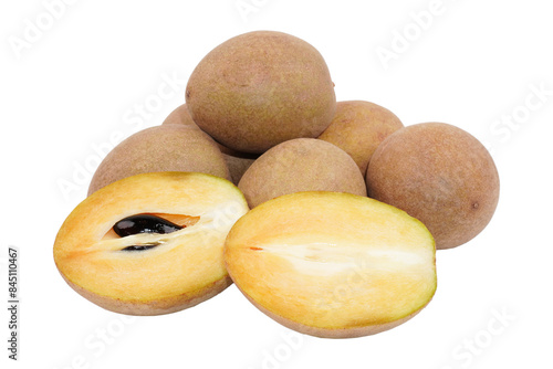 a group of sapodilla fruit and some cuts isolated transparent photo