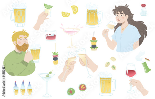Drinks for a holiday, festival, meeting, day off, weekend, picnic. A set of glasses and mugs with alcoholic binge. People drinking beverages to relax. Objects from a brasserie.