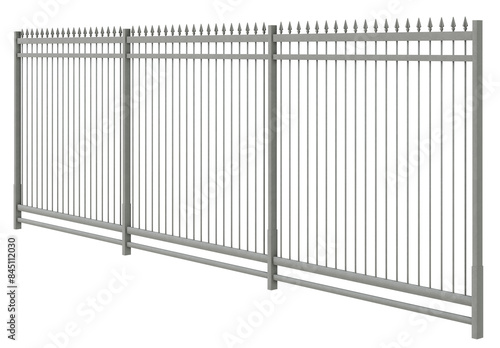 Modern Security Barrier: 3D Render. 3D illustration showcases a modern, heavy-duty security fence with sharp-pointed Corten steel pickets, featuring a galvanized undercoat and a powder-coated finish. 