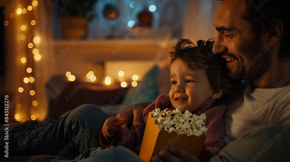Dad and child have a movie night Dad and child have a movie night