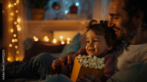 Dad and child have a movie night photo