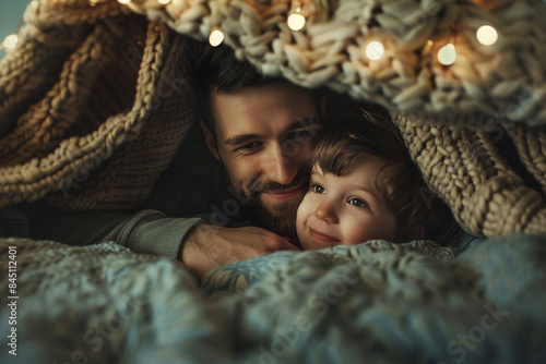 Daddy and child build a fort out of blankets and pillows photo