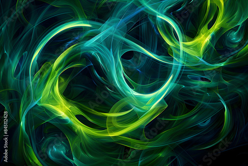Abstract neon artwork featuring vibrant swirls of green and blue. Eye-catching design on black background.