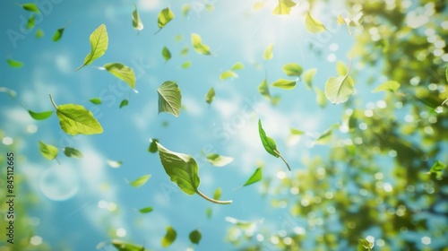 空を舞う緑の葉っぱ
