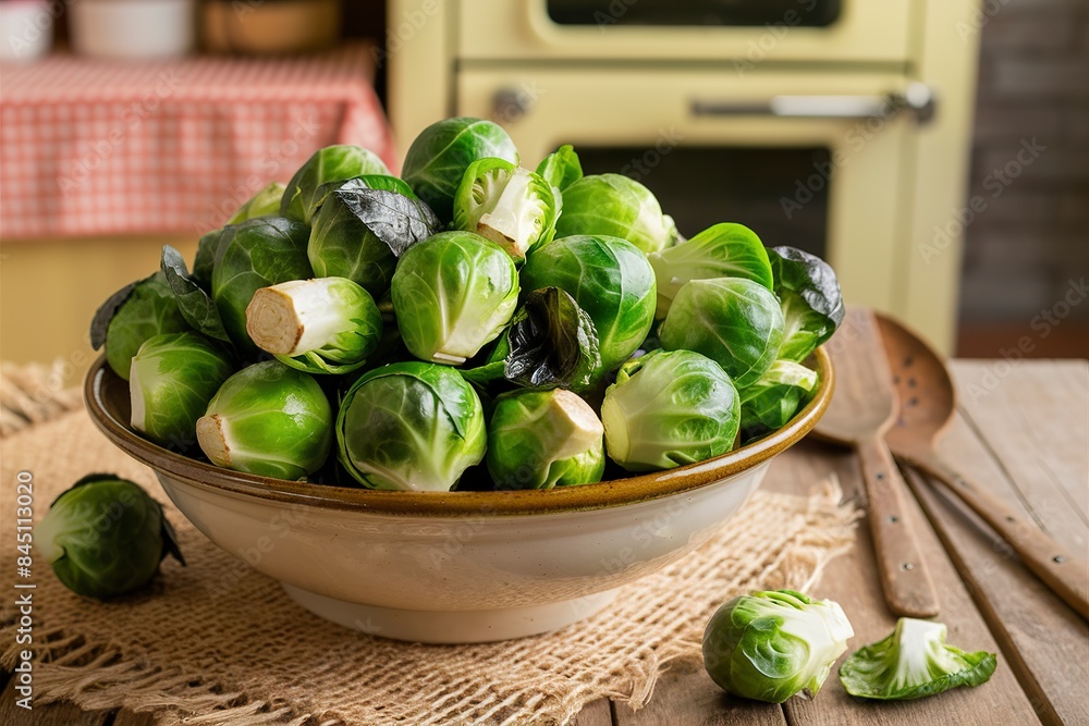 Fresh brusseles sprouts in bowl on kitchen table. Fresh brusseles sprouts in bowl on kitchen table.