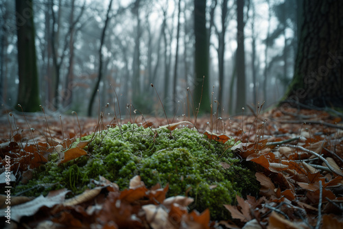 green patch of moss in the undergrowth in winter with the dry leaves fallen from the trees