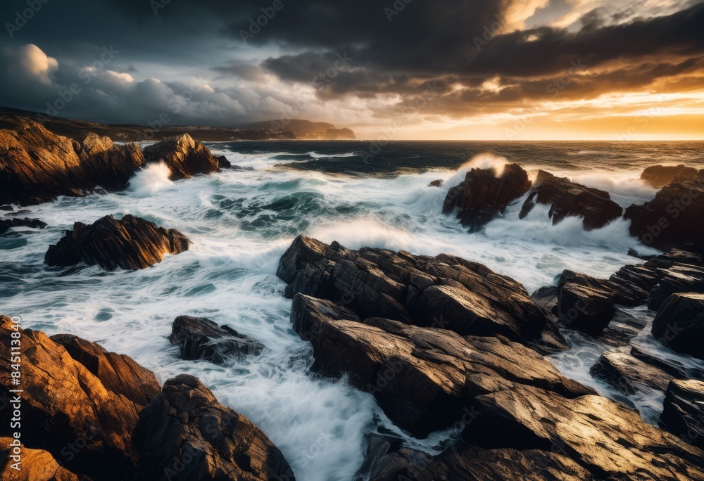 Fototapeta premium dramatic rocky coastline crashing waves seashore, rocks, ocean, beach, water, nature, scenery, cliffs, rugged, picturesque, landscape, horizon, boulders