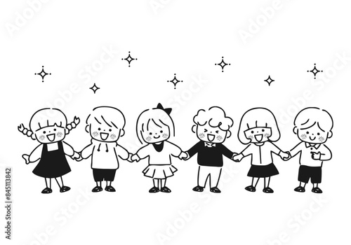 手を繋ぐ子ども達のイラスト　モノクロ