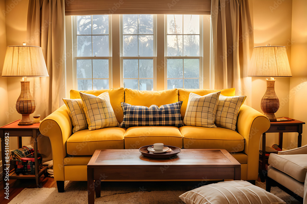Fototapeta premium Yellow sofa with cozy pillows, plaid and lamp near window in light living room
