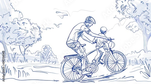 Wallpaper Mural One continuous line drawing of young father help his son learning to ride a bicycle at countryside together. Parenthood lesson concept. Torontodigital.ca