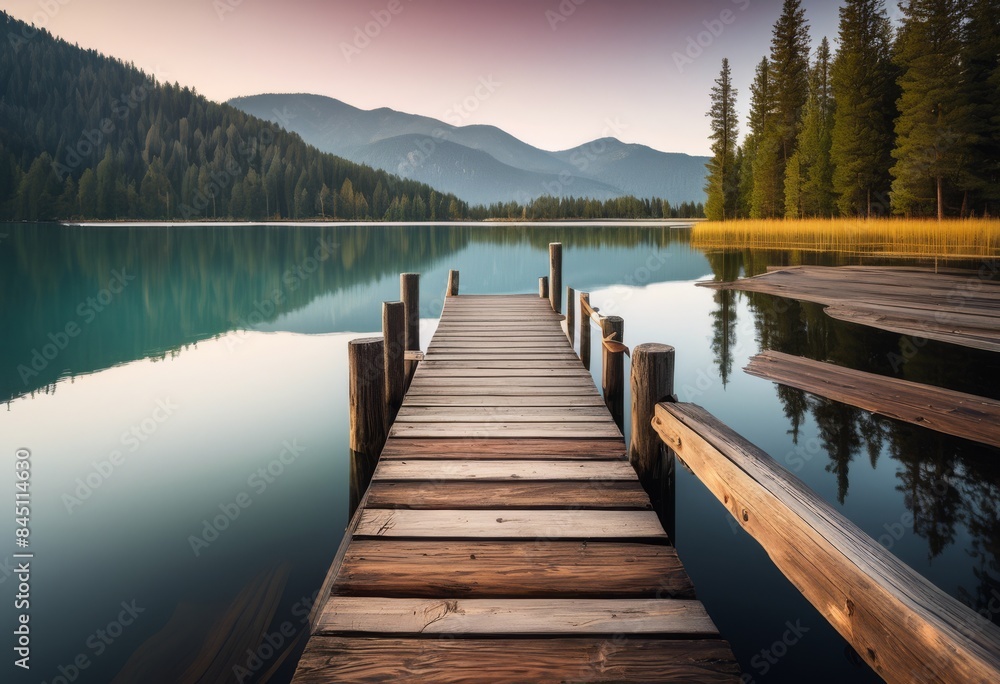 serene lake weathered wooden pier extending into tranquil waters, old, calm, view, stretching, waterside, peaceful, vintage, dock, rustic, aged, quiet, still