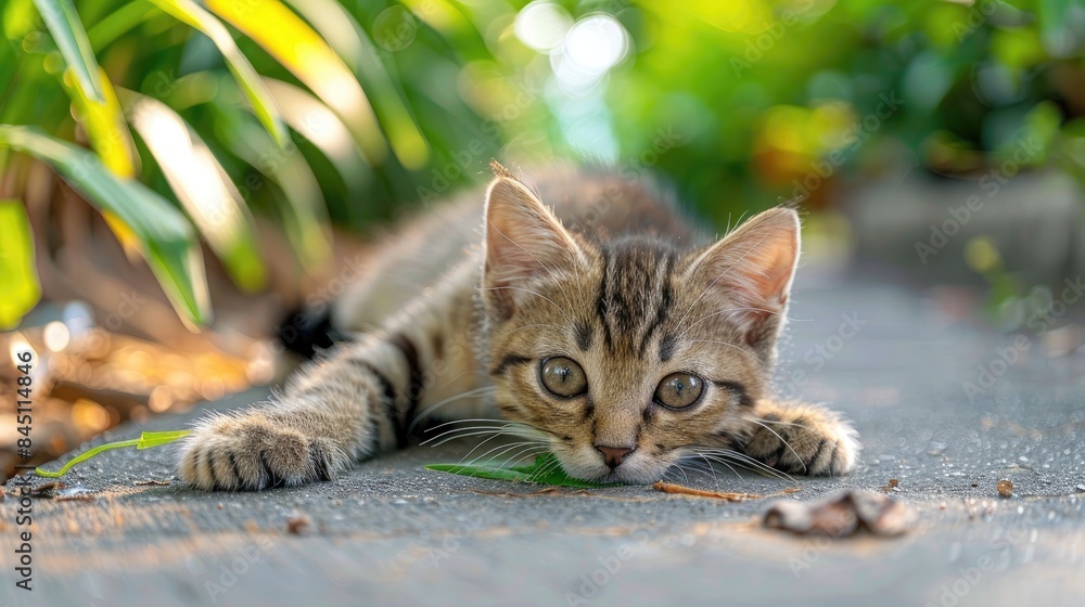 Unwell striped kitten lying on path looking sad Unwell striped kitten lying on path looking sad