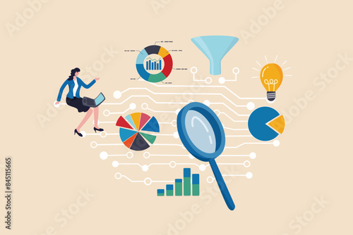 Business intelligence data analysis for business insight, database or statistics, marketing technology or data funnel or indicator concept, businesswoman work with data analysis and magnifying glass. photo
