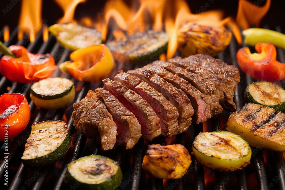 fried pieces of steak with vegetables on the grill fried pieces of steak with vegetables on the grill