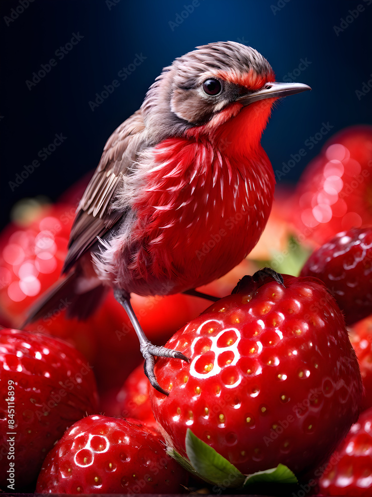 Obraz premium cute little bird on a strawberry,design photo illustration