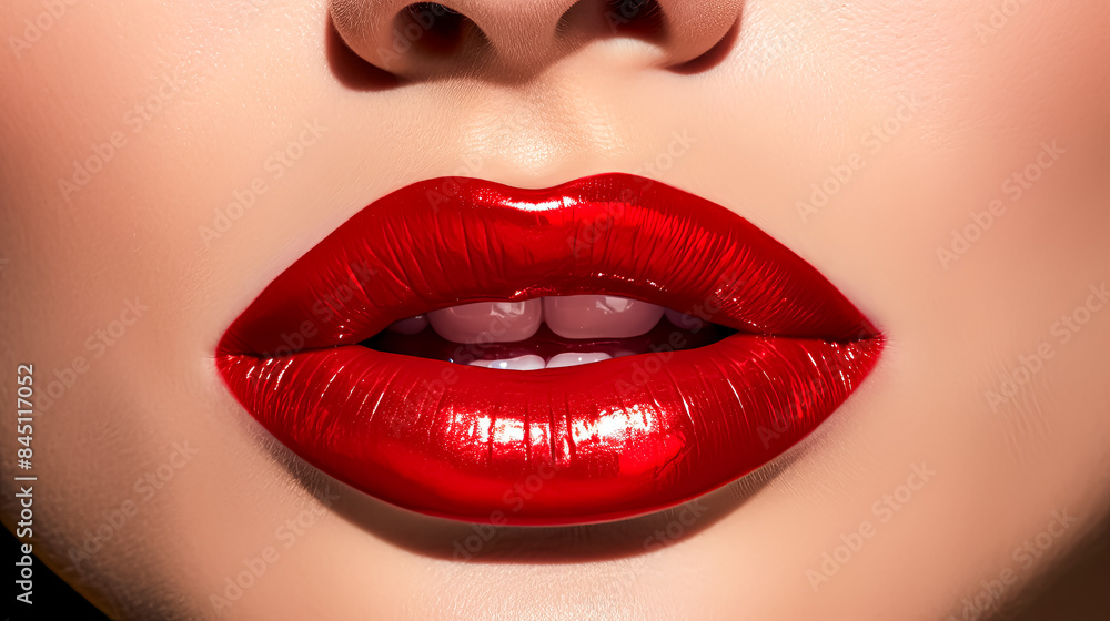 Fototapeta premium A woman's lips are painted red with glitter.
