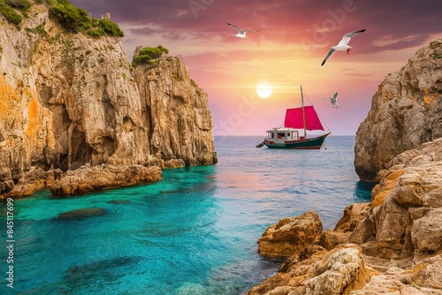 The stone coast of the Mediterranean Sea at sunset