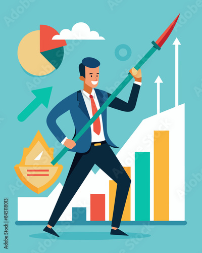 In a conference room filled with charts and graphs a business professional confidently slashes through lines and figures symbolizing the success of their cost ting measures.. Vector illustration