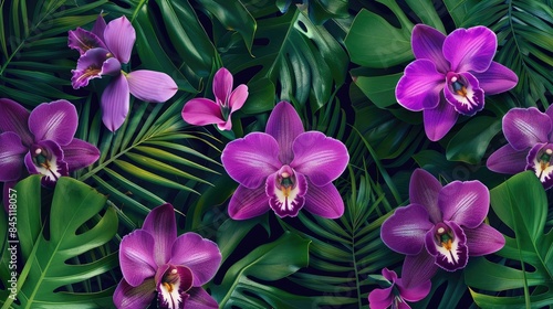 Exotic Hawaiian Jungle Floral Pattern with Purple Orchids and Wild Leaves