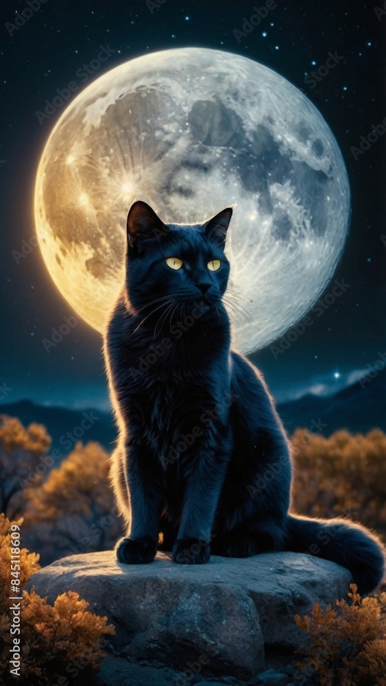 A black cat with glowing yellow eyes sits on a rock under a full moon in a nighttime landscape. The moon is large and bright, illuminating the scene with a mystical glow. The background features trees A black cat with glowing yellow eyes sits on a rock under a full moon in a nighttime landscape. The moon is large and bright, illuminating the scene with a mystical glow. The background features trees