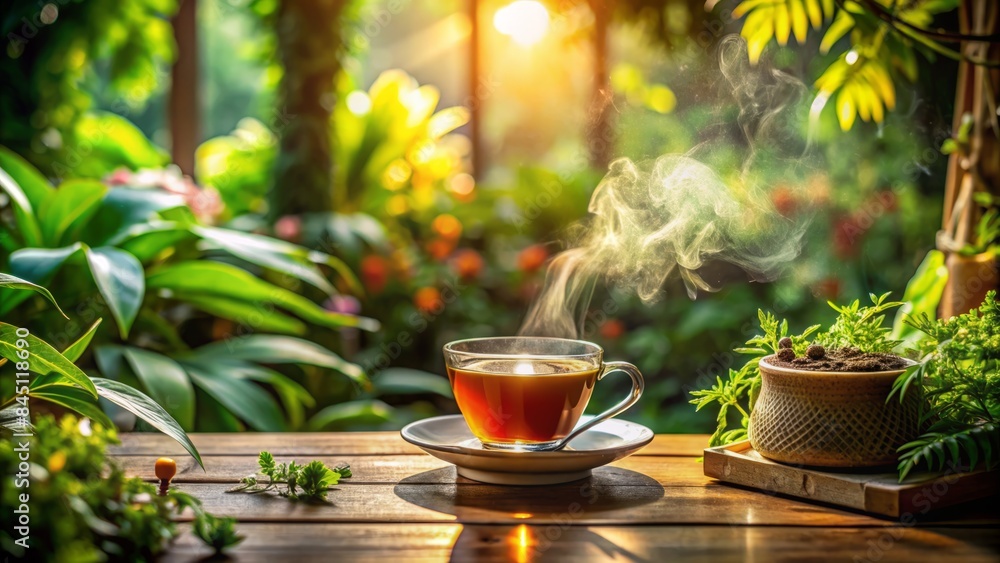 A Steaming Cup Of Tea On A Wooden Table In A Lush Garden Setting. A Steaming Cup Of Tea On A Wooden Table In A Lush Garden Setting.