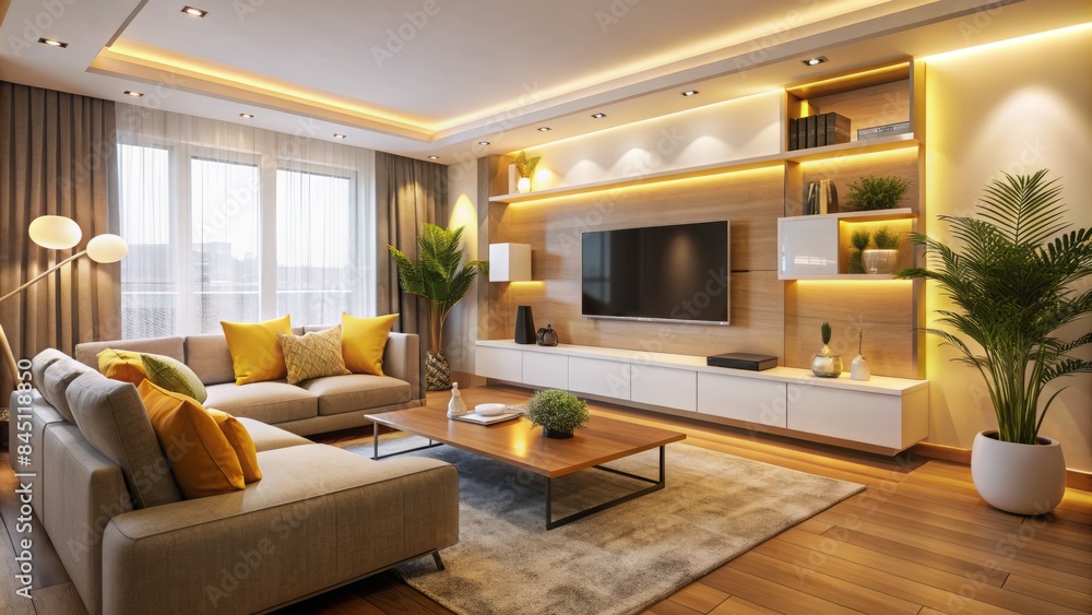 Warm And Inviting Living Room With A Large Comfortable Sofa, Coffee Table, Television And Stylish Shelving Unit. Warm And Inviting Living Room With A Large Comfortable Sofa, Coffee Table, Television And Stylish Shelving Unit.