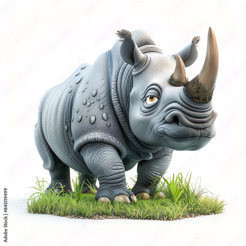 Fototapeta premium A cartoon-style rhinoceros with a grumpy expression stands on a patch of green grass.