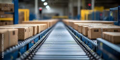 Conveyor belt in warehouse with cardboard box packages for automated logistics. Concept Warehouse Automation, Conveyor Systems, Cardboard Packaging, Logistics Efficiency, Automated Technology