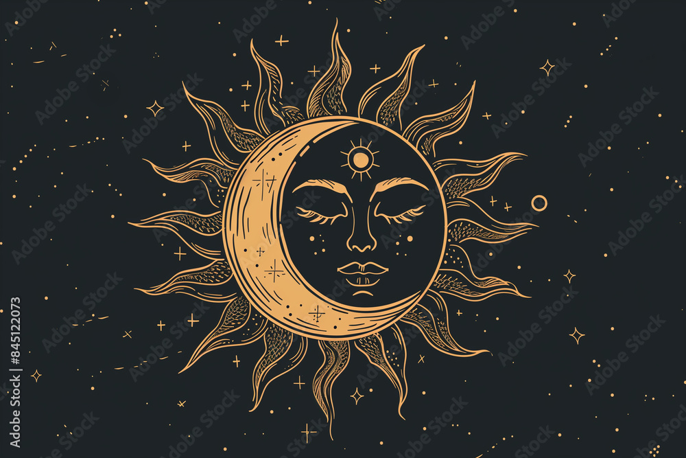 Boho sun logo. Outline bohemian moon with rays. Minimal magic abstract outline illustration. Yoga and astrology symbol.