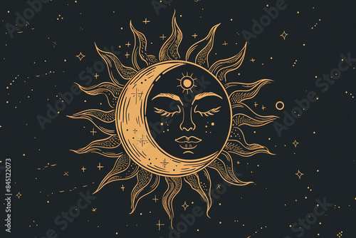 Obraz na płótnie Boho sun logo. Outline bohemian moon with rays. Minimal magic abstract outline illustration. Yoga and astrology symbol.
w salonie