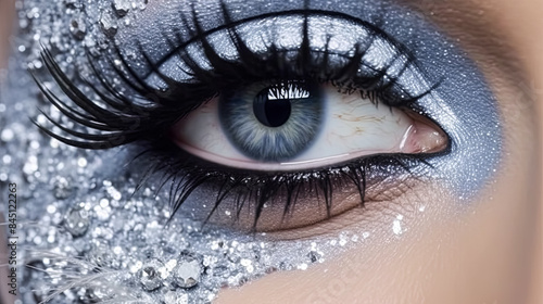 A woman's eye is painted with a colorful design.