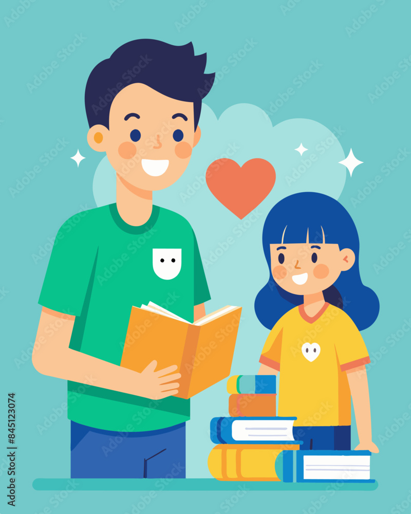 A young student volunteering at a community center in exchange for free tutoring sessions.. Vector illustration A young student volunteering at a community center in exchange for free tutoring sessions.. Vector illustration