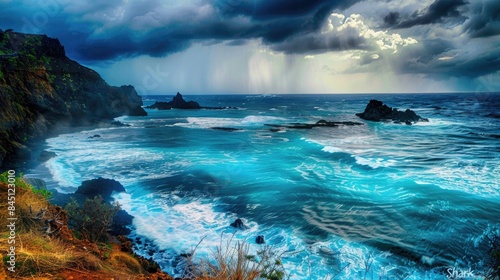 A winter day with vibrant colors at Praia dos Mosteiros Azores during a storm Overlooking the Shark buffet © 2rogan