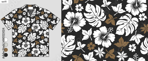 summer fashion, tropical hibiscus flower with seamless pattern, artwork on hawaiian shirt fashion mockup, elegance flora abstract. 