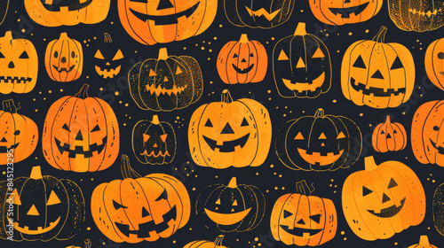 background featuring simple outlines of pumpkins in various shades of black and orange, arranged in a repetitive pattern against a solid colour background, highlighting the essence of Halloween