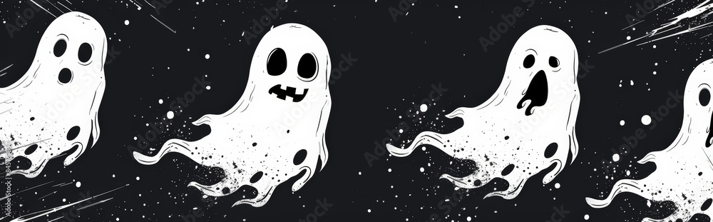 Fototapeta premium minimalist background with clean, white ghost silhouettes floating on a dark background, emphasizing simplicity and the eerie spirit of Halloween