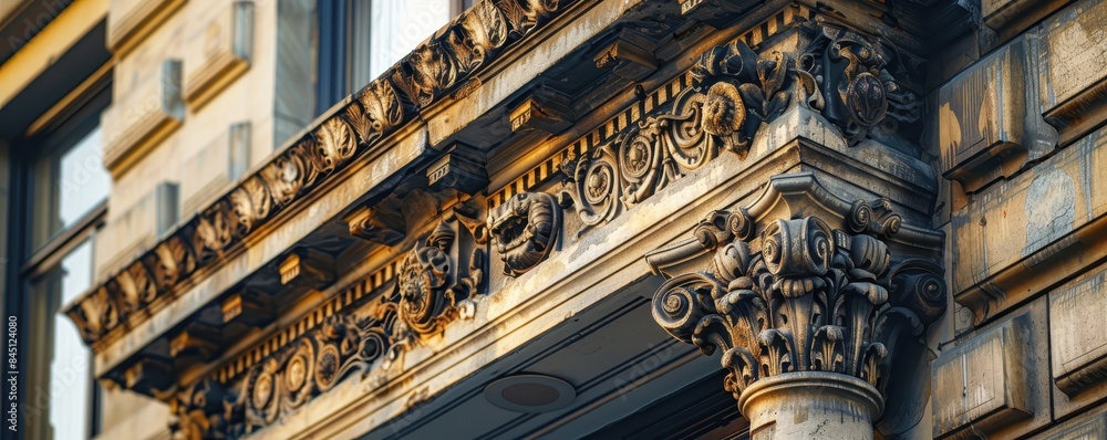 Elaborate cornice work on an old building, detailed and ornate architectural feature, copy space for text. Elaborate cornice work on an old building, detailed and ornate architectural feature, copy space for text.