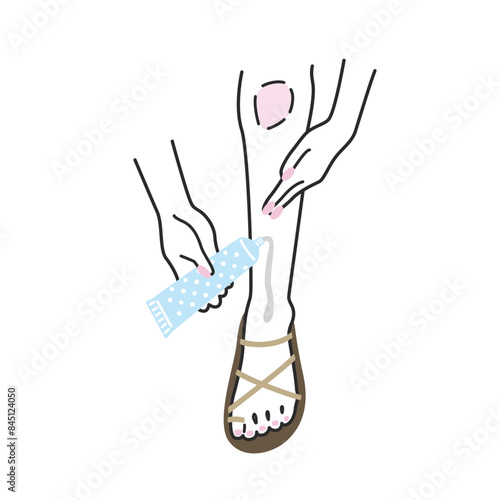 日焼け止めクリームを塗る足のイラスト